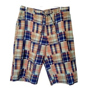 Old Skool Mens Plaid Cargo Shorts Size 40 Drawstring Long Leg Blue Orange Plaid